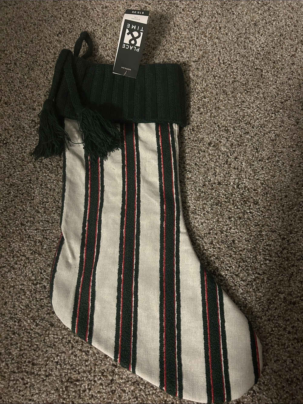 Multiple available Green and Cream Striped Holiday Stocking